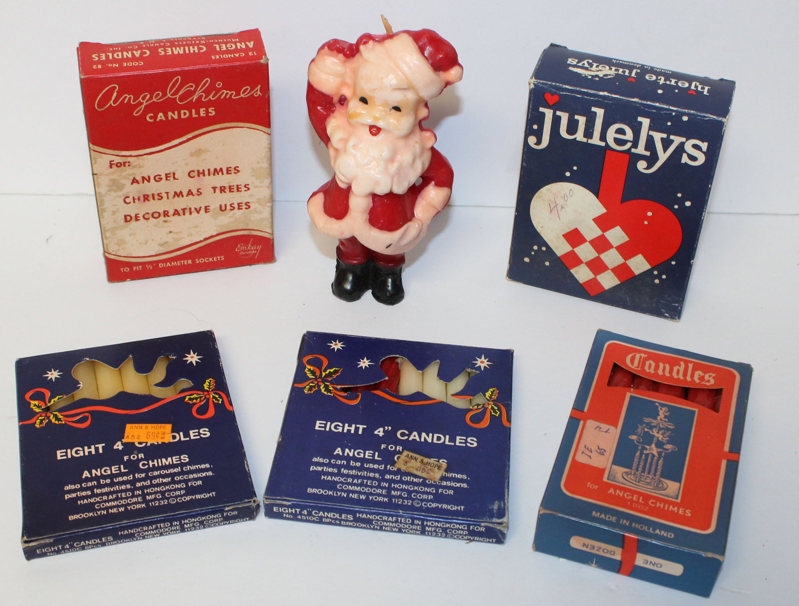 Lot of vintage Christmas candles in 5 in boxes & a 6" Santa: Lot of vintage Christmas candles in 5 in boxes & a 6" Santa