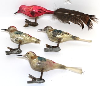Lot of 4 glass bird Christmas tree clip ornaments