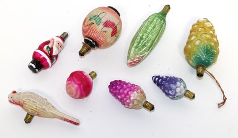 Lot of vintage Christmas light bulbs incl Santa, bird, grapes, corn, etc