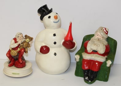 Christmas lots incl snowman figure, Santa figure & Santa music box - 10", 8" & 6 1/2" tall