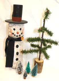 Christmas lot incl wooden snowman, contemporary bottle brush & faux feather tree - 2 1/2" -18" tall