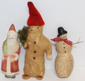 Contemporary primitive style Christmas lot incl stuffed snowmen & Santa - 9 1/2" - 16" tall