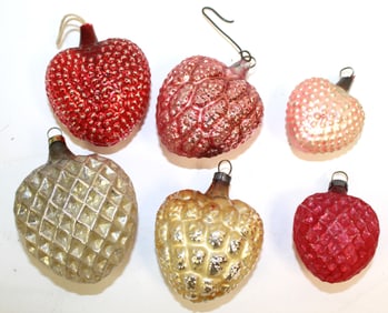 Lot of 6 antique glass heart Christmas ornaments