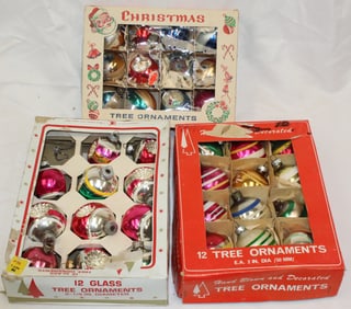 Lot of 3 orig boxed vintage glass Christmas ornaments incl Shiny Brite