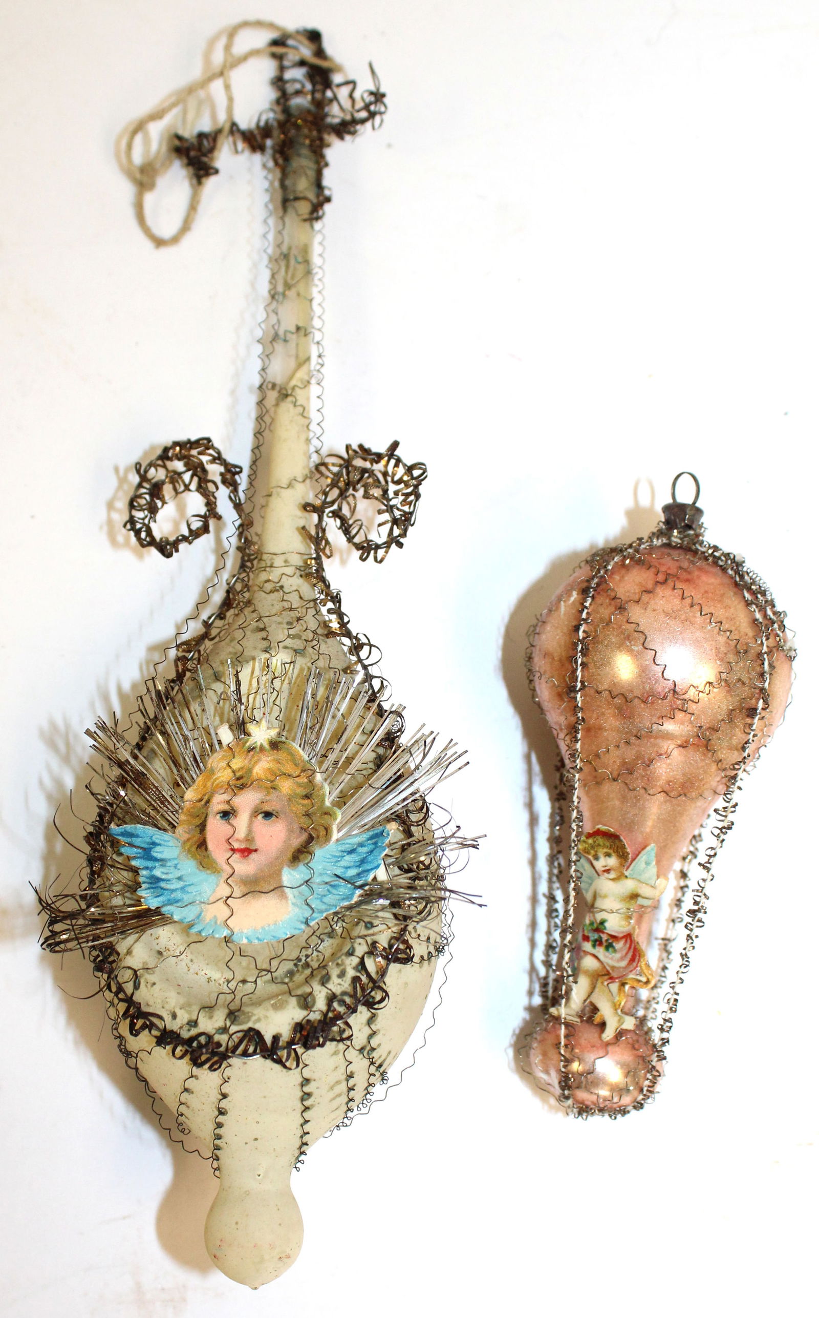 Lot of 2 Victorian glass wire wrapped & scrap Christmas ornaments (1 of 5)