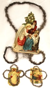 Lot of 3 Victorian scrap & tinsel ornaments - 5", 12"