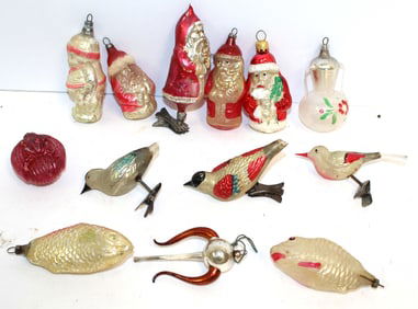 Lot of vintage/antique glass Christmas ornaments incl Santas, Birds, fish, etc