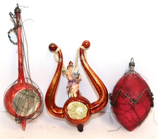 Lot of 3 antique wire wrapped/tinsel glass Christmas ornaments - 3", 4" & 6 1/2"