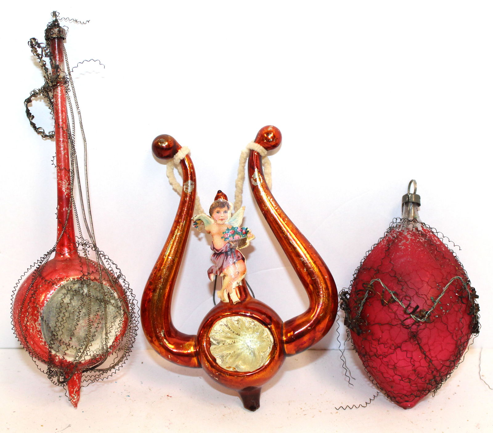 Lot of 3 antique wire wrapped/tinsel glass Christmas ornaments - 3", 4" & 6 1/2" (1 of 4)