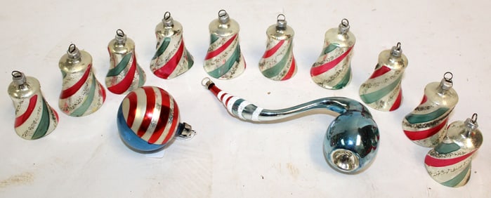 Lot of vintage striped glass Christmas ornaments incl bells, etc