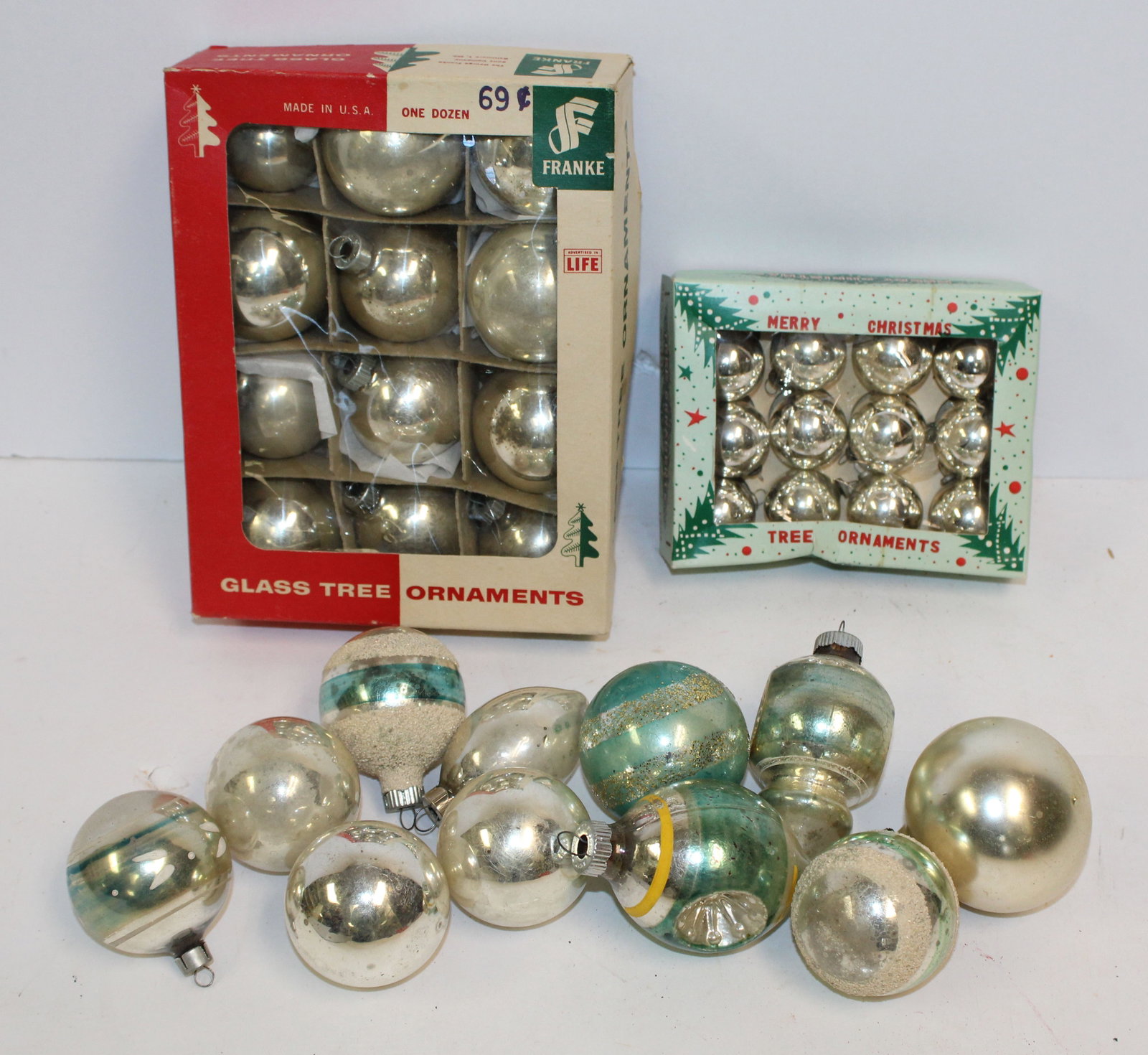 Lot of vintage silver & blue glass Christmas balls: Lot of vintage silver & blue glass Christmas balls