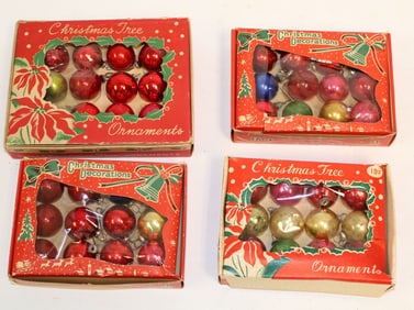 Lot of 4 orig boxed miniature vintage glass ball Christmas ornaments