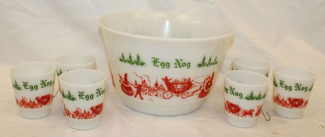 Vintage milk glass Christmas "Eggnog" punchbowl w 6 cups - 3 3/4" tall cups & 6" tall x 9 1/2" bowl