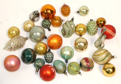 Lot of vintage/antique glass Christmas ornaments in various shapes, colors & sizes