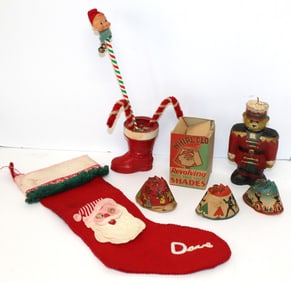 Vintage Christmas lot w Stocking, chenille candy canes,, candle Stocking candy container, elf pencil