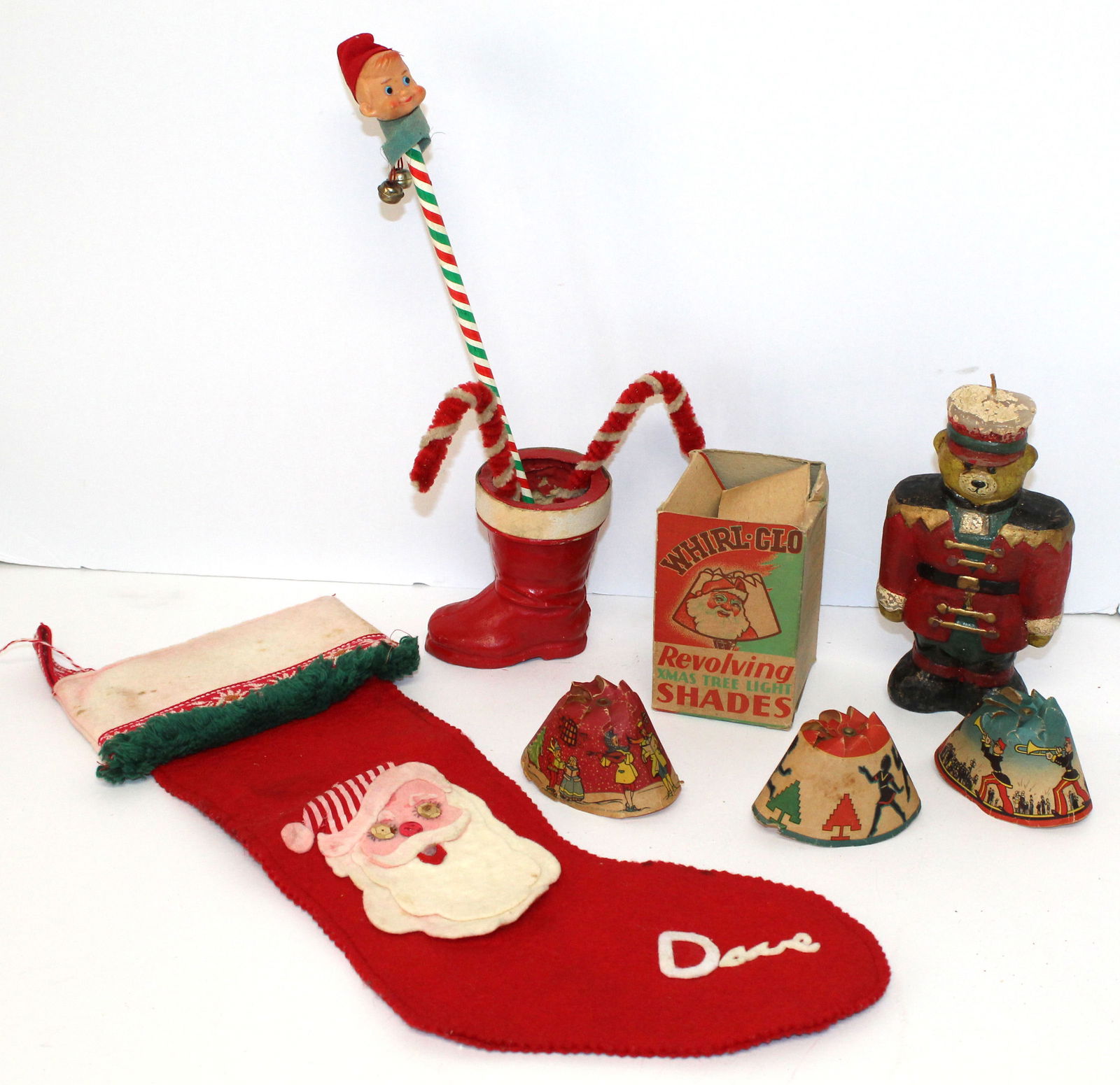 Vintage Christmas lot w Stocking, chenille candy canes,, candle Stocking candy container, elf pencil (1 of 10)