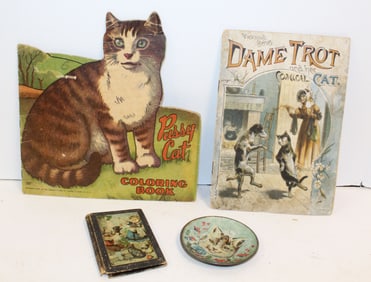Lot of cat related children's items incl coloring book, small saucer, book, etc