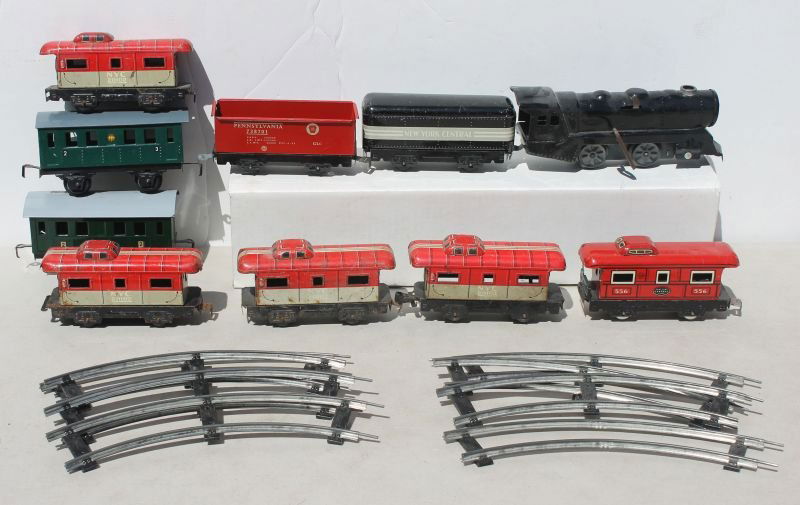 Marx tin wind-up train set w locomotive & 9 cars plus t: Marx tin wind-up train set w locomotive & 9 cars plus track - 8 3/4" long engine