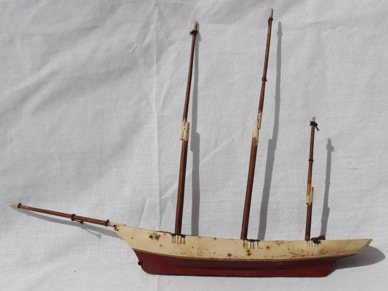 antique small wooden orig painted ship model - 14" long: antique small wooden orig painted ship model - 14" long x 10" tall