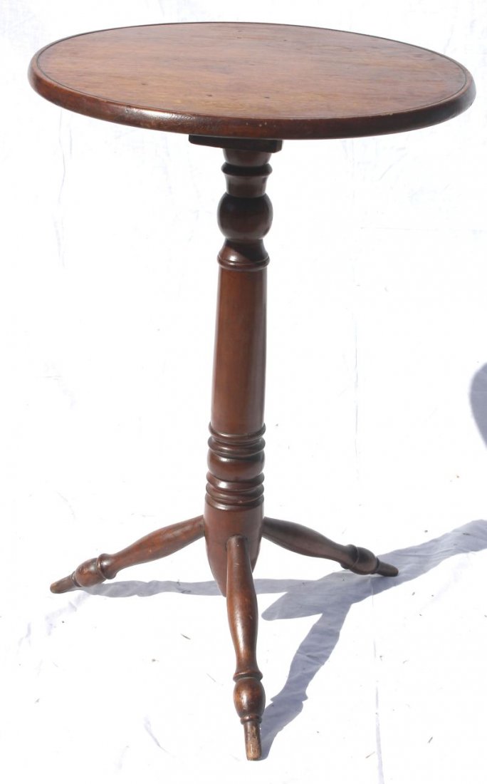 period 18thC CT walnut candlestand on unusual turned tr: period 18thC CT walnut candlestand on unusual turned tripod legs - 17 1/2" round top