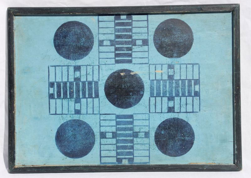 fine ca 1880 CT double sided Parchesi & Checkers game b: fine ca 1880 CT double sided Parchesi & Checkers game board w applied molded & mitred black painted pine frame - a rarely found example featuring orig dry painted surfaces in all hues of blue - 18 1/2