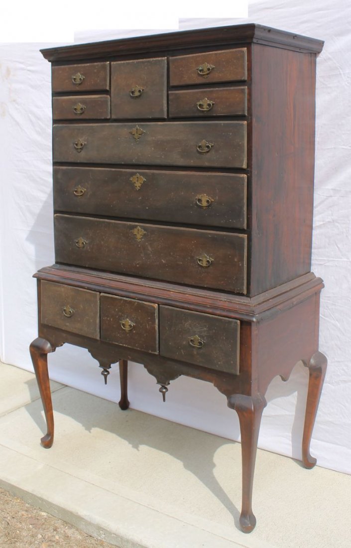 very early ca 1730's period QA poplar & maple flat top : very early ca 1730's period QA poplar & maple flat top highboy from Coastal CT - 66" tall