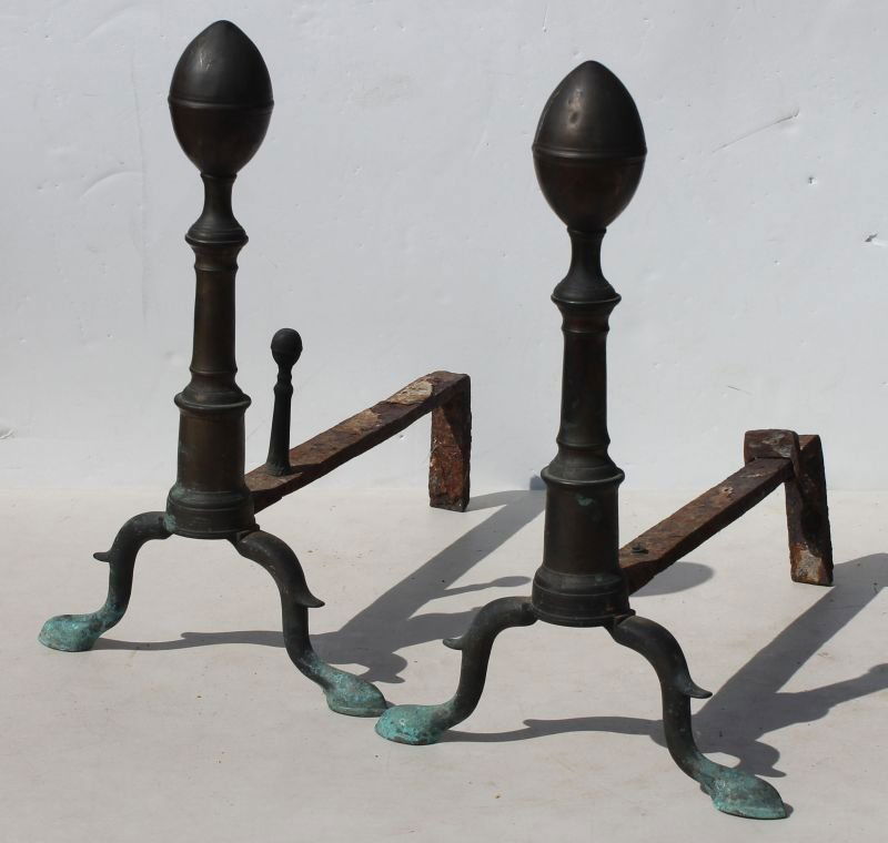 pr of period Federal ca 1780's Boston brass lemon top a: pr of period Federal ca 1780's Boston brass lemon top andirons - 17" tall