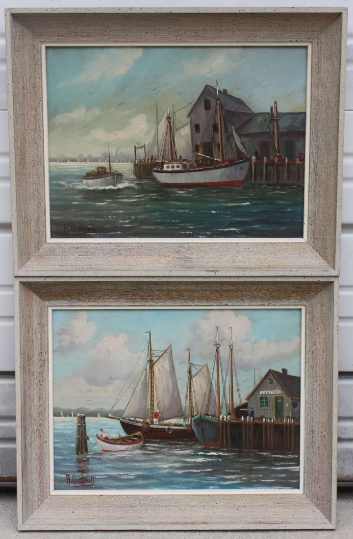 pr of Alfred Gabali (1886-1963) 12"x16" o/c Cape Cod ha: pr of Alfred Gabali (1886-1963) 12"x16" o/c Cape Cod harbor scenes titled "Wood's Hole" & "Provincetown" w presentation info on back - ca 1960