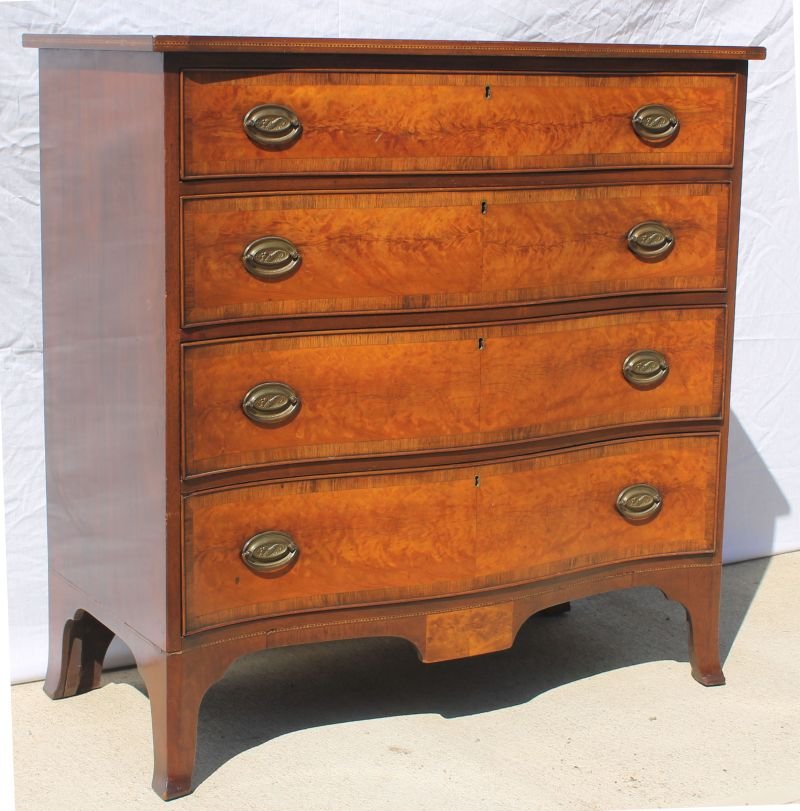 period Hepplewhite ca 1800 mahog inlaid serpentine 4 dr: period Hepplewhite ca 1800 mahog inlaid serpentine 4 drawer chest featuring scalloped skirt w drop center panel on flared French feet in old surface - 36 3/4" wide