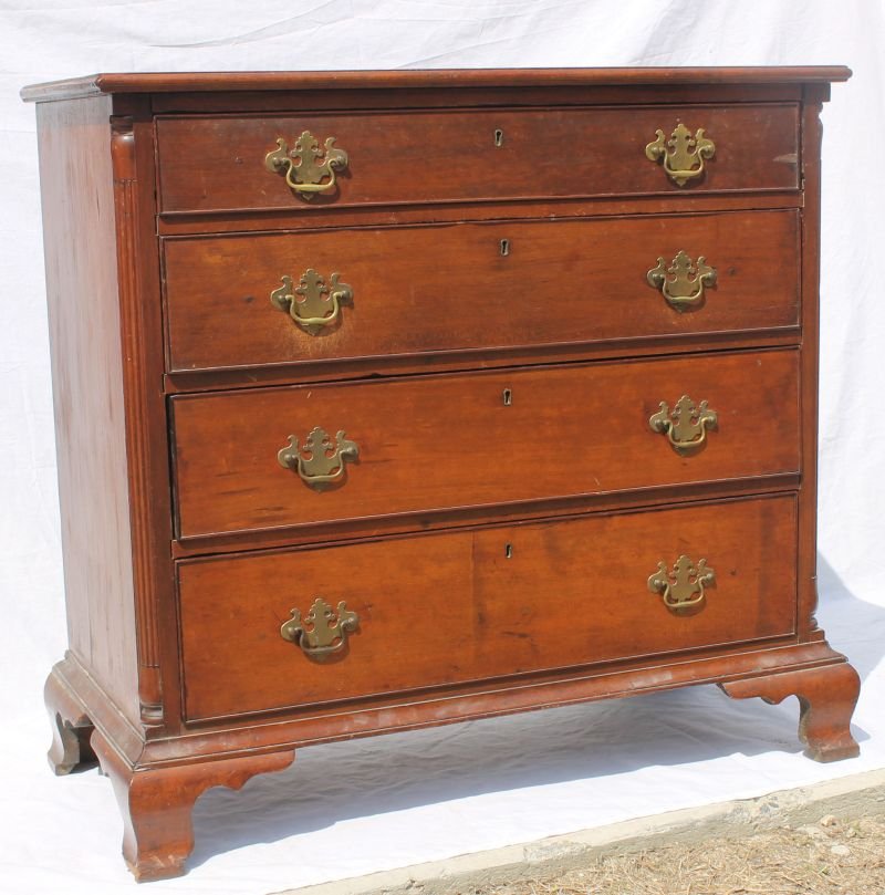 Eastern PA period Chippendale ca 1780 cherry 4 drawer c: Eastern PA period Chippendale ca 1780 cherry 4 drawer chest in beautifully executed form on graceful Ogee base w corner columns & molded overhanging top - 36" case width