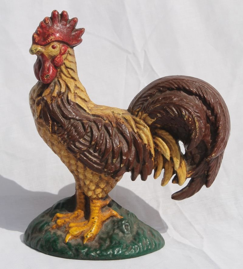 ca 1920 cast iron rooster doorstop in orig paint - 9" t: ca 1920 cast iron rooster doorstop in orig paint - 9" tall