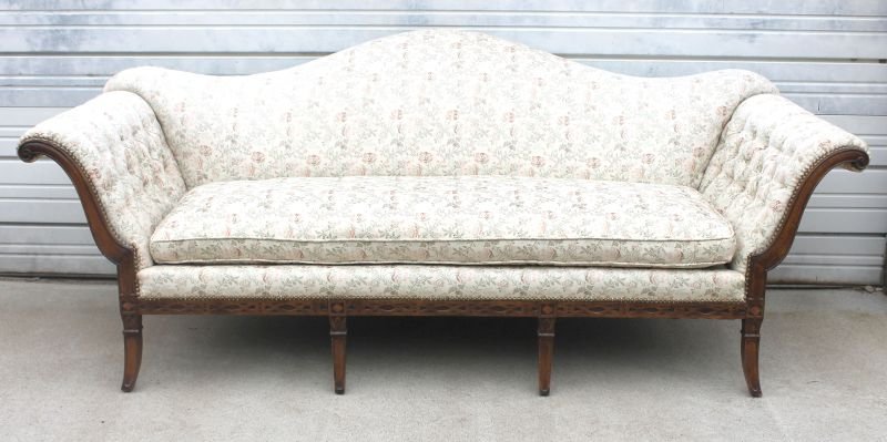 fine form antique camel back 6 legged sofa w unusual ca: fine form antique camel back 6 legged sofa w unusual carved skirt in brocade upholstery - 90" long - Monson, MA