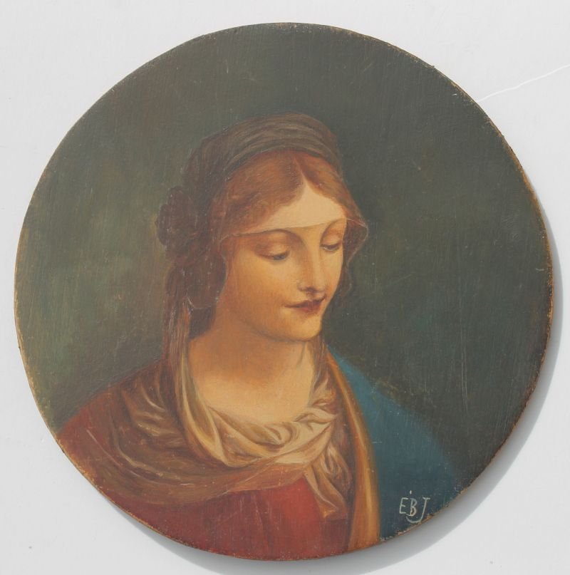 sgnd (EBJ) Edward Burne-Jones (1833-1898 English) 5 1/2: sgnd (EBJ) Edward Burne-Jones (1833-1898 English) 5 1/2" round tempera on wood of a Renaissance Lady
