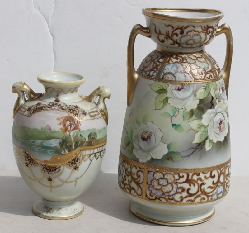 2 hand painted double handled Nippon vases - 10" & 7" t: 2 hand painted double handled Nippon vases - 10" & 7" tall