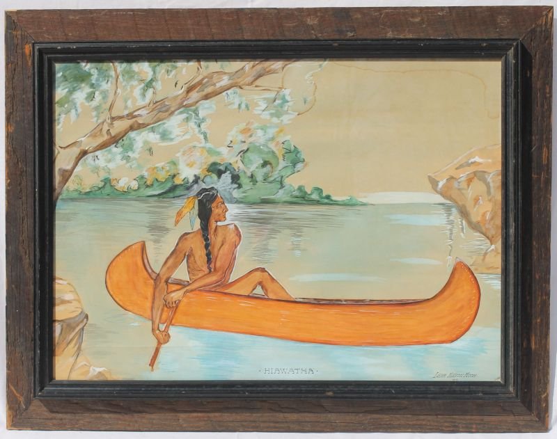 sgnd Lena Mason Moon 17"x23 1/2" wc/gouache of Hiawatha: sgnd Lena Mason Moon 17"x23 1/2" wc/gouache of Hiawatha in a canoe on a lake dated 1927