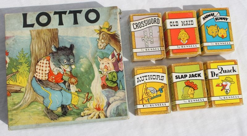 Milton Bradley (Springfield, MA) orig boxed lotto game: Milton Bradley (Springfield, MA) orig boxed lotto game ca 1920's together w 6 dated 1939 "Big Little Card Games" incl "Old Maid", "Slap Jack", "Dr. Quack", "Animal Rummy", "Authors" & "Crosswords"