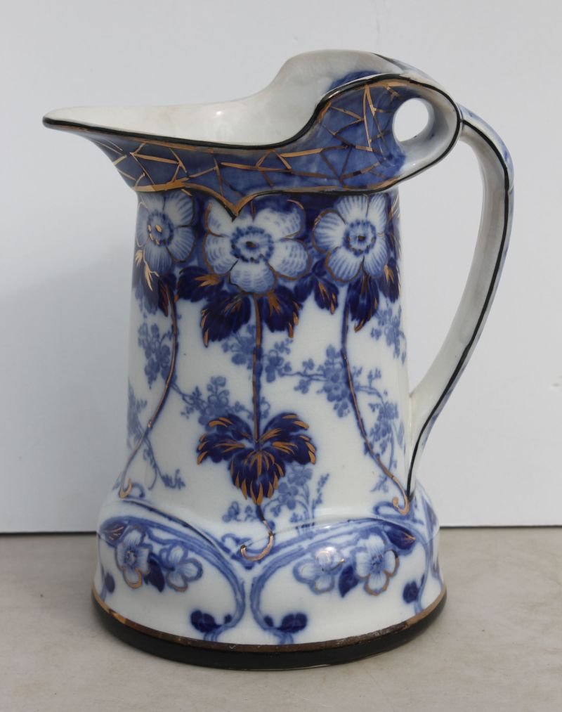 Buffalo Pottery porcelain flo blue pitcher dated 1896 -: Buffalo Pottery porcelain flo blue pitcher dated 1896 - 8 1/4" tall