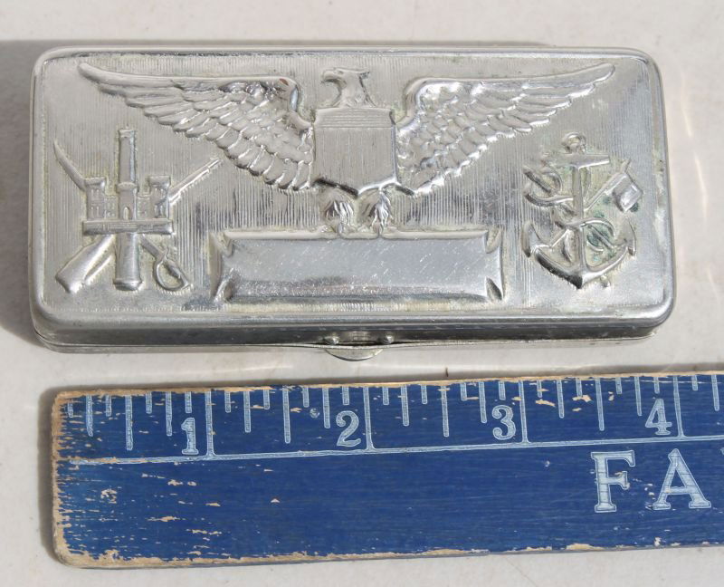 WWI or WWII nickel plated relief dec eagle & shield mil: WWI or WWII nickel plated relief dec eagle & shield military issue safety razor box w safety razor inside - 4" long