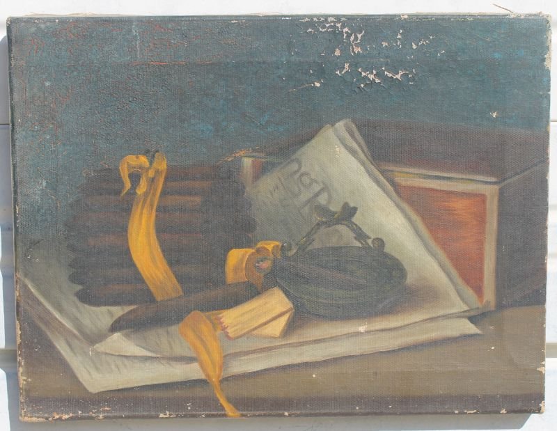 sgnd JC dated 1895 12"x16" o/c Trompe L'oeil style pain: sgnd JC dated 1895 12"x16" o/c Trompe L'oeil style painting depicting cigars, newspapers, etc - attic found condition