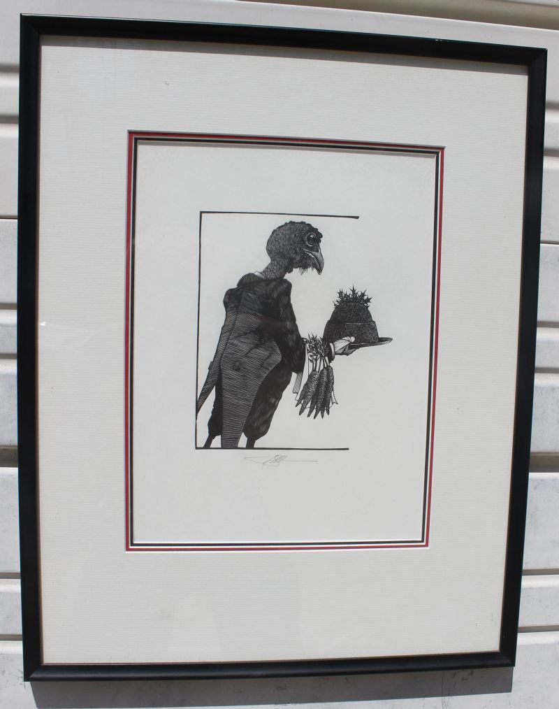 Barry Moser (1940 - ) macabre print of a buzzard servin: Barry Moser (1940 - ) macabre print of a buzzard serving plum pudding - image size 12"x9"