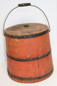 Antique firkin in red paint w lid & bail handle - 14" tall x 13" diam