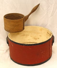Lot of 2 antique measures incl large in red paint together with a handled example in natural surface