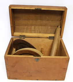 Antique dome top box with fitted interior for plates together w 3 wooden plates & a rolling pin -