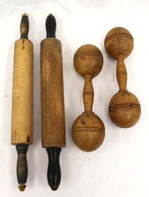 Treen lot incl 2 wooden rolling pins & 2 wooden dumbbells - 10 1/2" & 15 1/2" long