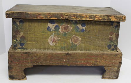 Antique diminutive paint decorated small lift top trunk on bracket base - 12 1/2"x20"x 10 1/2" deep