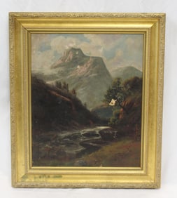 Unsigned o/c mountains & river scene - as found - overall framed size 21" x 18 1/4"