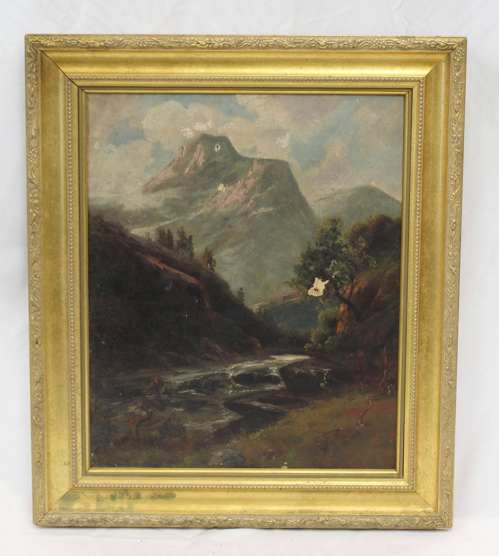 Unsigned o/c mountains & river scene - as found - overall framed size 21" x 18 1/4" (1 of 7)