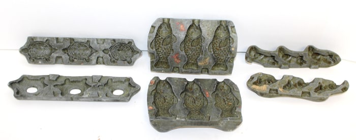 Lot of 3 antique pewter candy molds - turtle, fish & frog