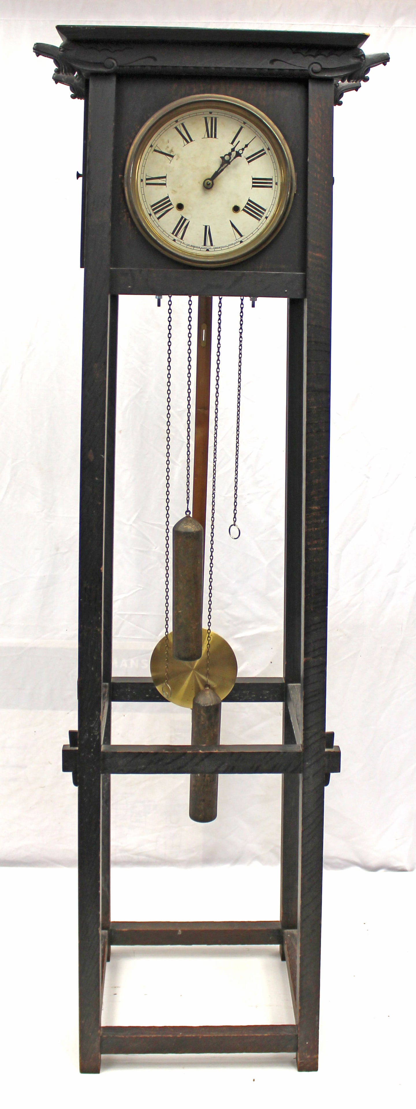 Vintage Mission Oak tall clock w carved griffins - 75" tall x 23"x18": Vintage Mission Oak tall clock w carved griffins - 75" tall x 23"x18"