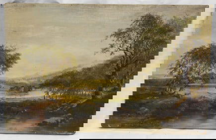 Unsigned o/c landscape w cows watering & mountains in background - as found - unframed - 13"x19"